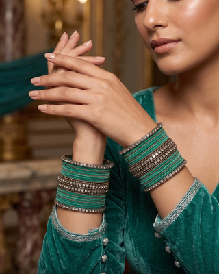 Elegant Teal & Silver Plated Bangles Stack for Both Hands (Size 2.8)