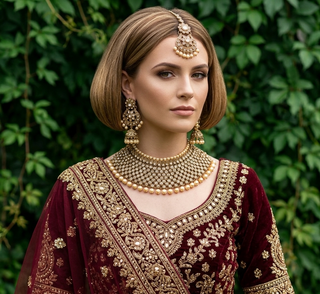 Luxury antique gold finish Kundan bridal necklace set featuring intricate detailing with matching jhumka earrings and maang tikka, elegant statement jewelry for South Asian weddings and nikah ceremonies, as seen in www.taniska.com