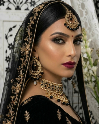 Luxury black and gold Kundan bridal necklace set featuring intricate floral detailing with matching earrings and maang tikka, an elegant statement piece for South Asian weddings and formal occasions