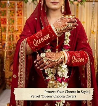 Velvet 'Queen' Bridal Choora Covers – Luxury Red Embroidered Bangle Sleeves for Brides