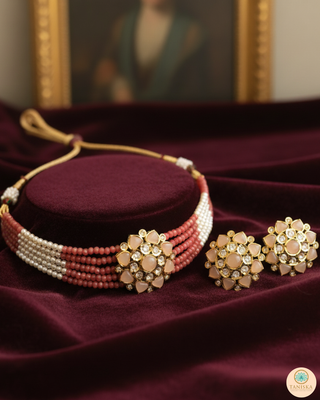 Luxury coral and peach beaded Kundan choker necklace set with matching earrings, elegant statement jewelry for South Asian bridal weddings and receptions.