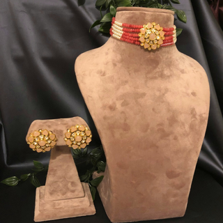 Luxury coral and peach beaded Kundan choker necklace set with matching earrings, elegant statement jewelry for South Asian bridal weddings and receptions.