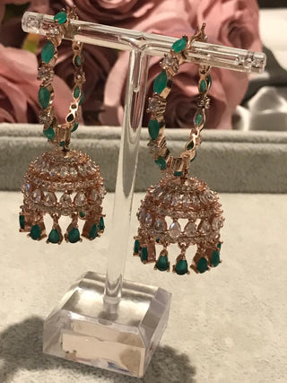 American Diamond Style Statement Earring & Tikka Set - Emerald Green / Rose Gold
