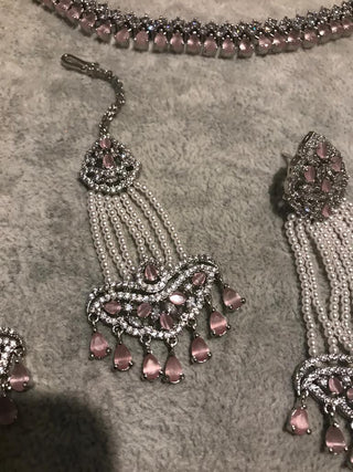 American Diamond Style Necklace Set - Silver/Baby Pink - Necklace Set