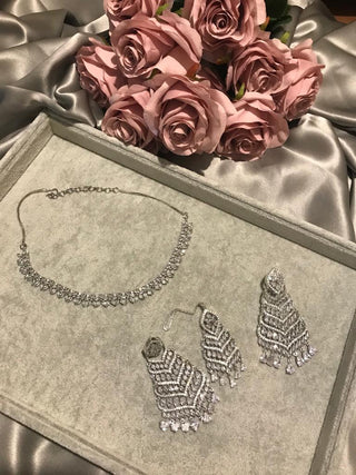 American Diamond Style Necklace Set - Silver - Necklace Set