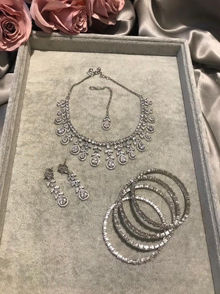 American Diamond Style Necklace Set - Silver - Necklace Set