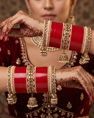 Red Royal Pearly Jhumki Bridal Choora / Bangles Set (2.6-2.8)