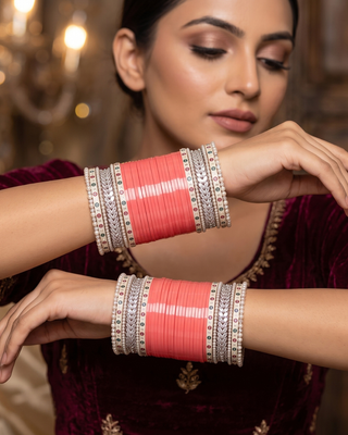 Gajri Coral Pink Bridal Choora / Bangles Set (2.6-2.8)
