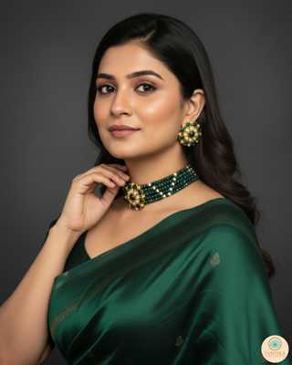 Luxury green emerald beaded Kundan choker necklace set with matching earrings, elegant statement jewelry for South Asian bridal weddings and receptions.