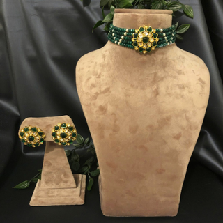Luxury green emerald beaded Kundan choker necklace set with matching earrings, elegant statement jewelry for South Asian bridal weddings and receptions.