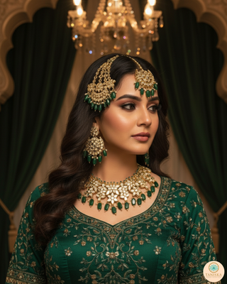 Luxury green glass work Kundan bridal necklace set with matching earrings and headpiece, statement jewelry for South Asian weddings and nikah ceremonies.