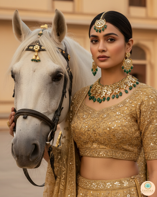 Luxury green glass work Kundan bridal necklace set with matching earrings and headpiece, statement jewelry for South Asian weddings and nikah ceremonies.