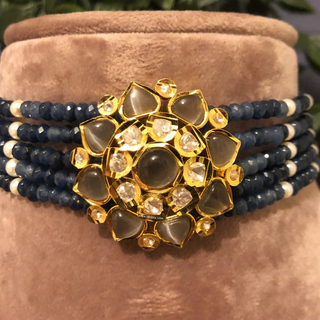 Luxury grey beaded Kundan choker necklace set with matching earrings, elegant statement jewelry for South Asian bridal weddings and receptions.