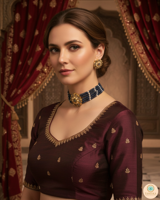 Luxury grey beaded Kundan choker necklace set with matching earrings, elegant statement jewelry for South Asian bridal weddings and receptions.