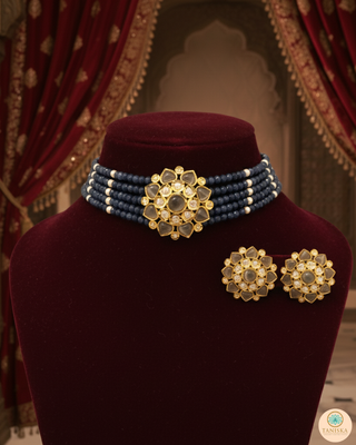 Luxury grey beaded Kundan choker necklace set with matching earrings, elegant statement jewelry for South Asian bridal weddings and receptions.