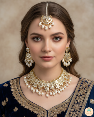 Luxury golden glass work Kundan bridal necklace set with matching earrings and headpiece, exquisite statement jewelry for South Asian weddings and nikah ceremonies.