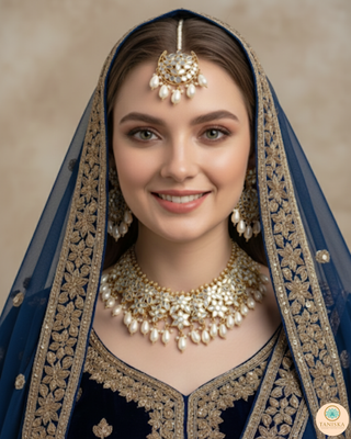Luxury golden glass work Kundan bridal necklace set with matching earrings and headpiece, exquisite statement jewelry for South Asian weddings and nikah ceremonies.