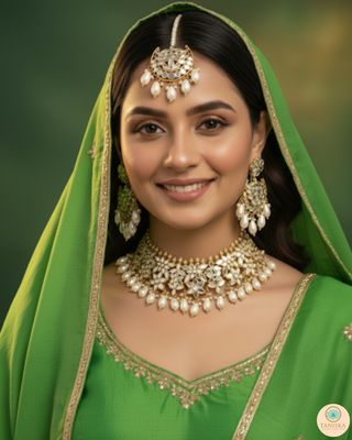 Luxury golden glass work Kundan bridal necklace set with matching earrings and headpiece, exquisite statement jewelry for South Asian weddings and nikah ceremonies.