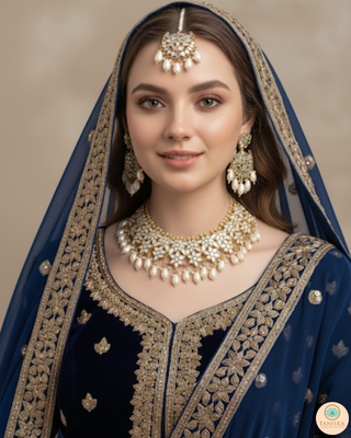 Luxury golden glass work Kundan bridal necklace set with matching earrings and headpiece, exquisite statement jewelry for South Asian weddings and nikah ceremonies.