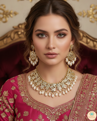 Luxury golden glass work Kundan bridal necklace set with matching earrings and headpiece, exquisite statement jewelry for South Asian weddings and nikah ceremonies.