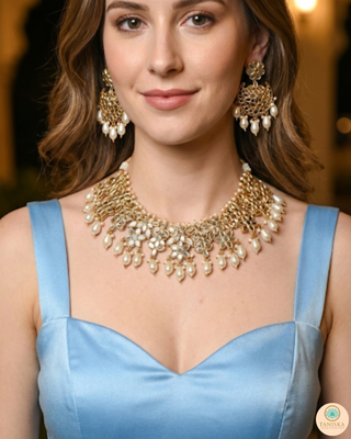 Luxury golden glass work Kundan bridal necklace set with matching earrings and headpiece, exquisite statement jewelry for South Asian weddings and nikah ceremonies.