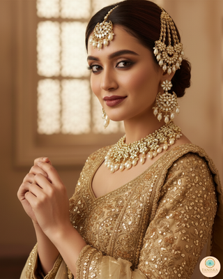 Luxury golden glass work Kundan bridal necklace set with matching earrings and headpiece, exquisite statement jewelry for South Asian weddings and nikah ceremonies.