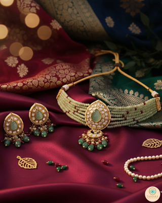 Luxury green beaded Kundan choker necklace set with matching earrings, perfect for South Asian bridal weddings and receptions.
