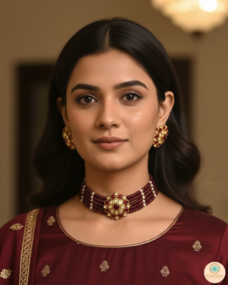 Luxury maroon beaded Kundan choker necklace set with matching earrings, elegant statement jewelry for South Asian bridal weddings and receptions.