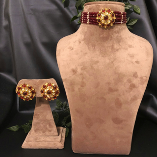 Luxury maroon beaded Kundan choker necklace set with matching earrings, elegant statement jewelry for South Asian bridal weddings and receptions.