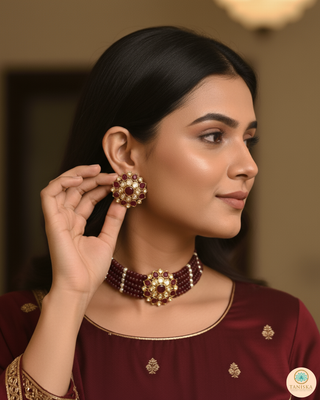 Luxury maroon beaded Kundan choker necklace set with matching earrings, elegant statement jewelry for South Asian bridal weddings and receptions.