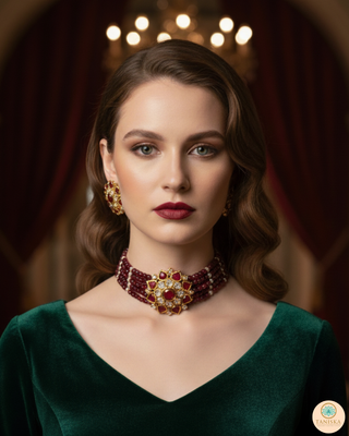 Luxury maroon beaded Kundan choker necklace set with matching earrings, elegant statement jewelry for South Asian bridal weddings and receptions.