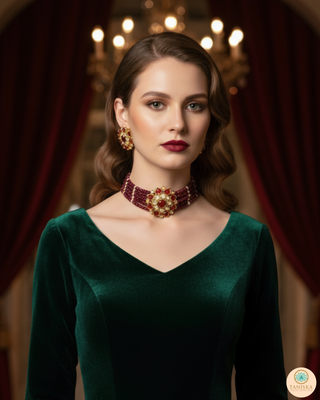 Luxury maroon beaded Kundan choker necklace set with matching earrings, elegant statement jewelry for South Asian bridal weddings and receptions.