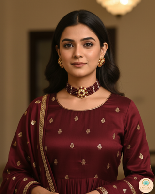 Luxury maroon beaded Kundan choker necklace set with matching earrings, elegant statement jewelry for South Asian bridal weddings and receptions.