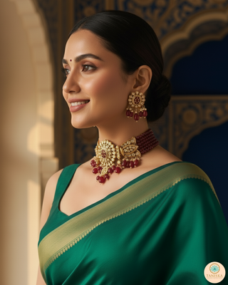 Luxury maroon beaded Kundan choker necklace set with matching earrings worn by a model, perfect for South Asian weddings and bridal receptions.