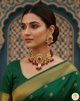 Luxury maroon beaded Kundan choker necklace set with matching earrings worn by a model, perfect for South Asian weddings and bridal receptions.