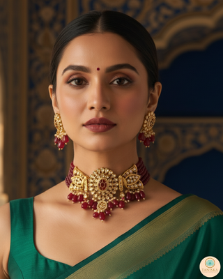 Luxury maroon beaded Kundan choker necklace set with matching earrings worn by a model, perfect for South Asian weddings and bridal receptions.