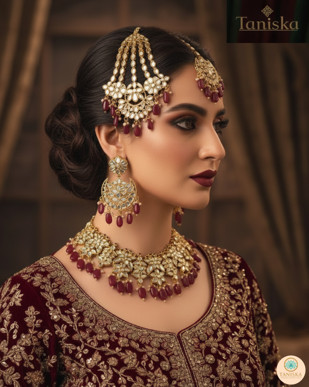 Luxury maroon glass work Kundan bridal necklace set with matching earrings and headpiece, statement jewelry for South Asian weddings and nikah ceremonies.