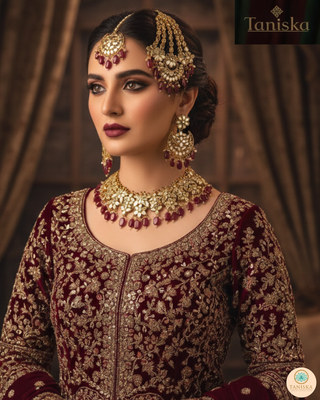 Luxury maroon glass work Kundan bridal necklace set with matching earrings and headpiece, statement jewelry for South Asian weddings and nikah ceremonies.