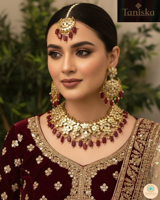 Luxury maroon glass work Kundan bridal necklace set with matching earrings and headpiece, statement jewelry for South Asian weddings and nikah ceremonies.