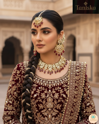 Luxury maroon glass work Kundan bridal necklace set with matching earrings and headpiece, statement jewelry for South Asian weddings and nikah ceremonies.