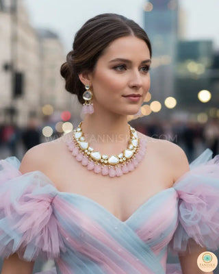 MEEREN Kundan Choker Necklace Set (Baby Pink) - Necklace Set