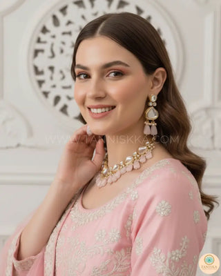 MEEREN Kundan Choker Necklace Set (Baby Pink) - Necklace Set