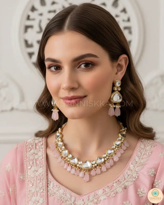 MEEREN Kundan Choker Necklace Set (Baby Pink) - Necklace Set