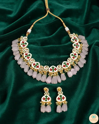 MEEREN Kundan Choker Necklace Set (Baby Pink. Mint Combo) - Necklace Set