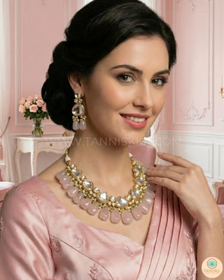 MEEREN Kundan Choker Necklace Set (Baby Pink. Mint Combo) - Necklace Set