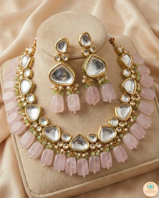 MEEREN Kundan Choker Necklace Set (Baby Pink. Mint Combo) - Necklace Set