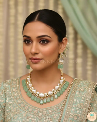 MEEREN Kundan Choker Necklace Set (Mint) - Necklace Set
