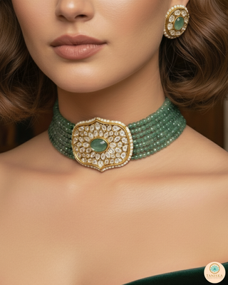Luxury mint beaded Kundan choker necklace set featuring mint green and soft pink beads with matching earrings, elegant statement jewelry for South Asian bridal weddings and festive receptions.