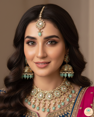 Luxury mint green Kundan bridal necklace set with matching jhumka earrings and maang tikka, elegant statement jewelry for South Asian weddings and nikah ceremonies.