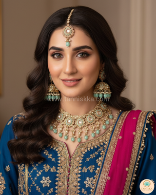 Luxury mint green Kundan bridal necklace set with matching jhumka earrings and maang tikka, elegant statement jewelry for South Asian weddings and nikah ceremonies.